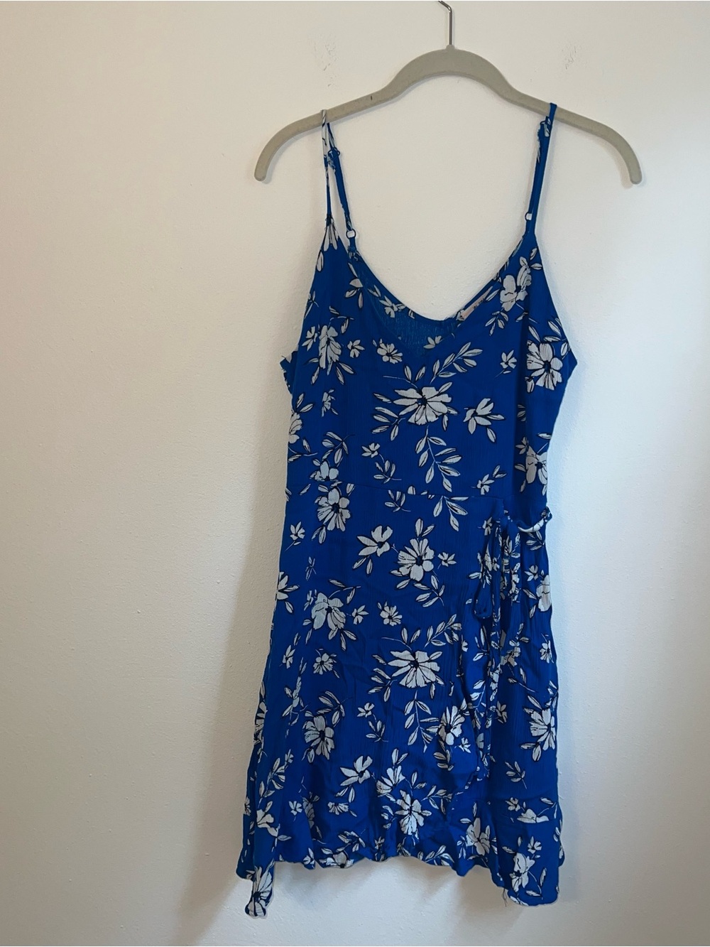 Blue Floral Spaghetti Strap Wrap Dress